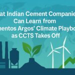 Illustration showing an Indian cement plant transitioning to green energy with wind turbines, a sapling, and an upward arrow, symbolizing lessons from Cementos Argos’ climate playbook and the rise of CCTS