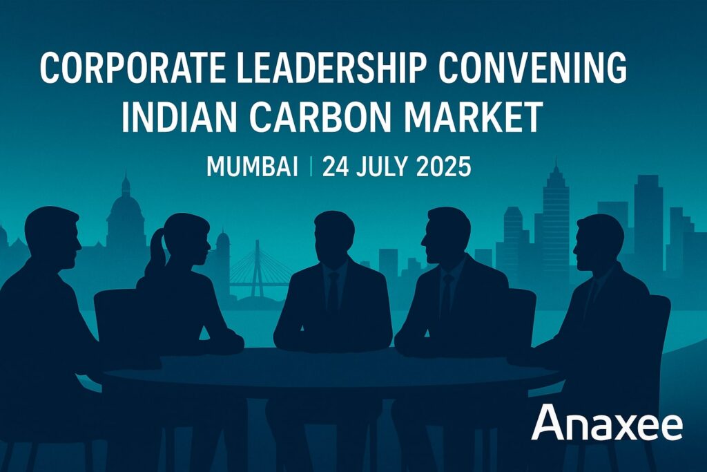 Silhouettes of industry leaders seated around a table against a teal‑blue Mumbai skyline, headline text of the convening and Anaxee logo