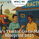 Rural India tractor dealership with farmers and digital tools showing go-to-market execution