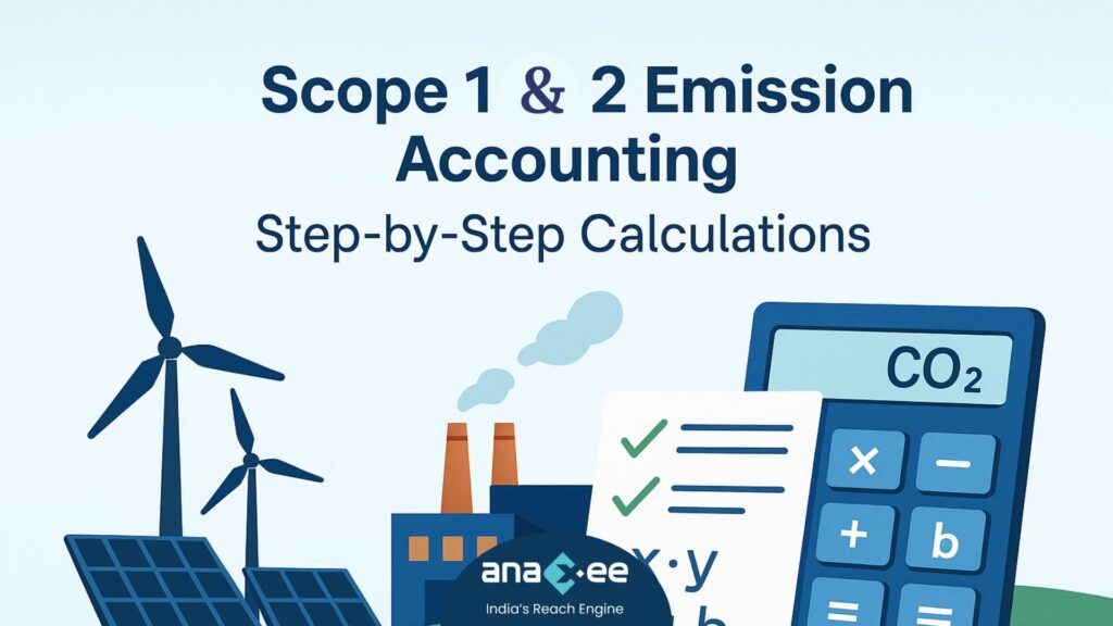 Illustration showing wind turbines, solar panels, an industrial plant, and a CO₂ calculator under the headline “Scope 1 & 2 Emission Accounting – Step-by-Step Calculations
