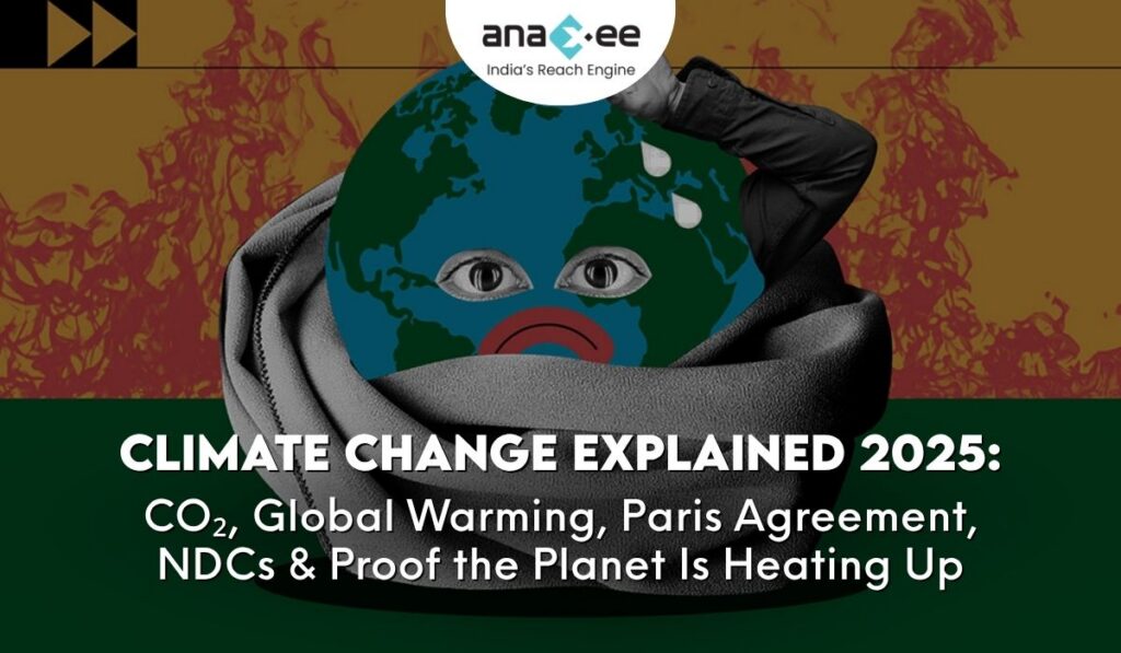 A conceptual image of Earth with a sad, distressed expression, wrapped in a grey scarf, symbolizing the planet's suffering due to climate change. The background has subtle hints of environmental distress.