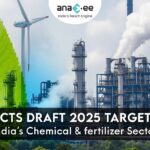 A striking image showcasing a large chemical or fertilizer plant with prominent industrial structures and steam rising, set against a backdrop that subtly integrates elements of nature or green technology, such as a green leaf or a subtle renewable energy source. The color palette should evoke both industrial scale and environmental responsibility, with text overlays indicating "CCTS Draft 2025 Targets" and "India's Chemical & Fertilizer Sector.