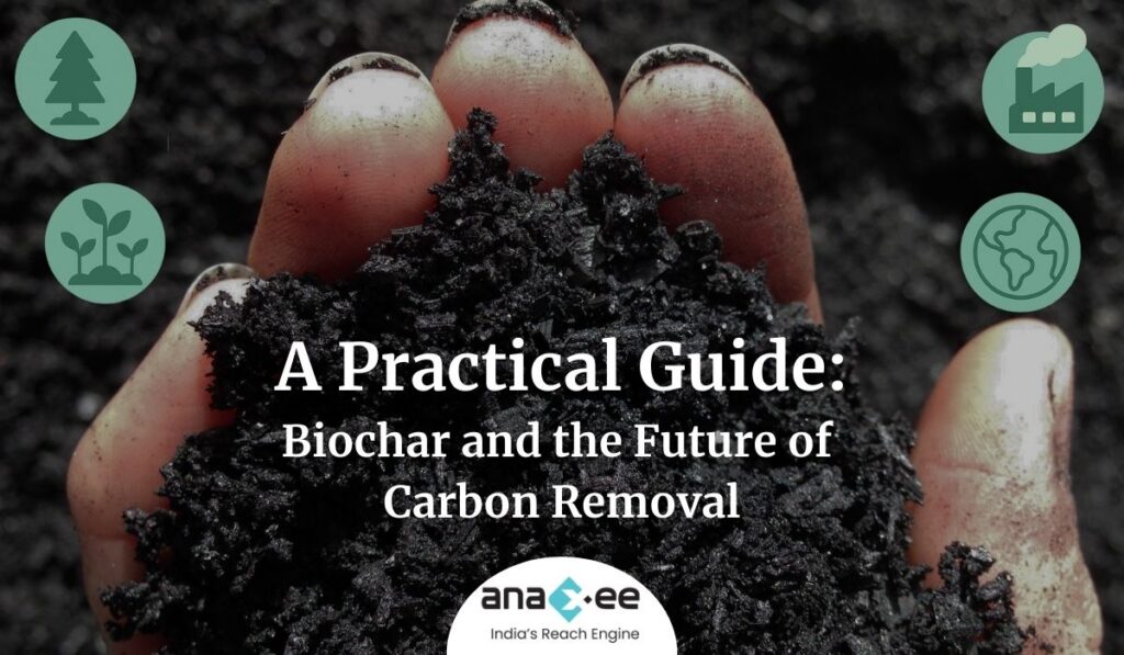 Hands holding biochar soil with icons for trees, plants, industry, and Earth, representing carbon removal and sustainability.