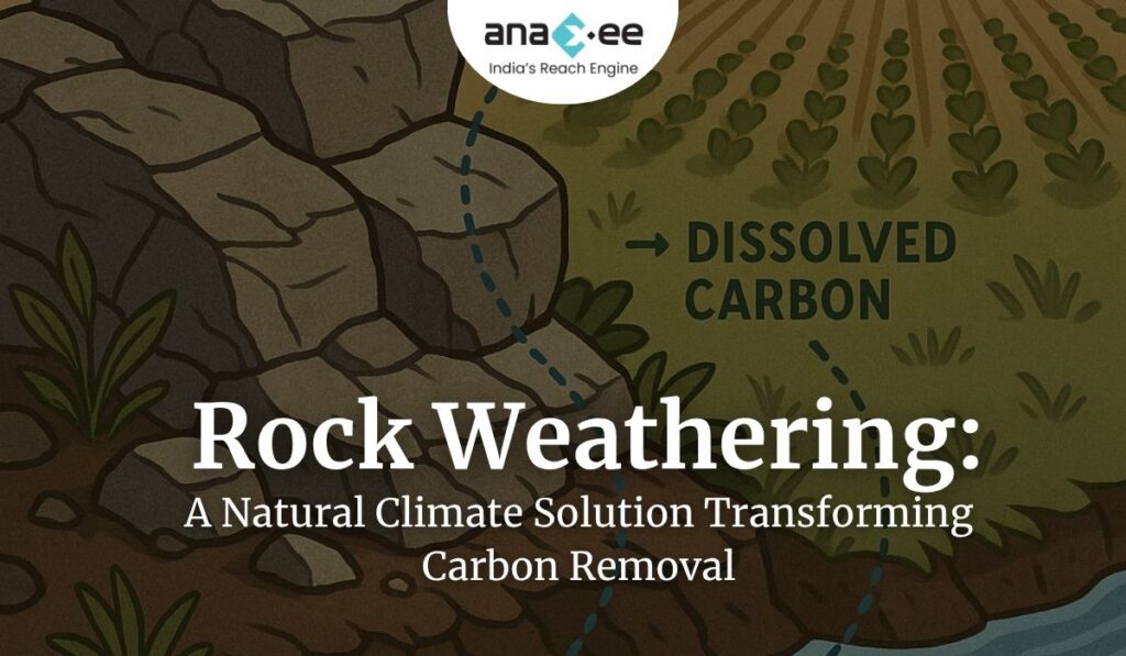 llustration showing the process of rock weathering capturing carbon, with rocks breaking down and carbon dissolving into soil and vegetation under sunlight