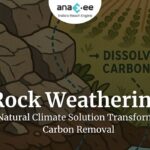 llustration showing the process of rock weathering capturing carbon, with rocks breaking down and carbon dissolving into soil and vegetation under sunlight