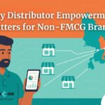 Flat-style illustration of a distributor holding a smartphone order-dashboard, linked by white lines to multiple retail store icons on a map of Uttar Pradesh, highlighting Anaxee’s data-driven distributor-empowerment network.