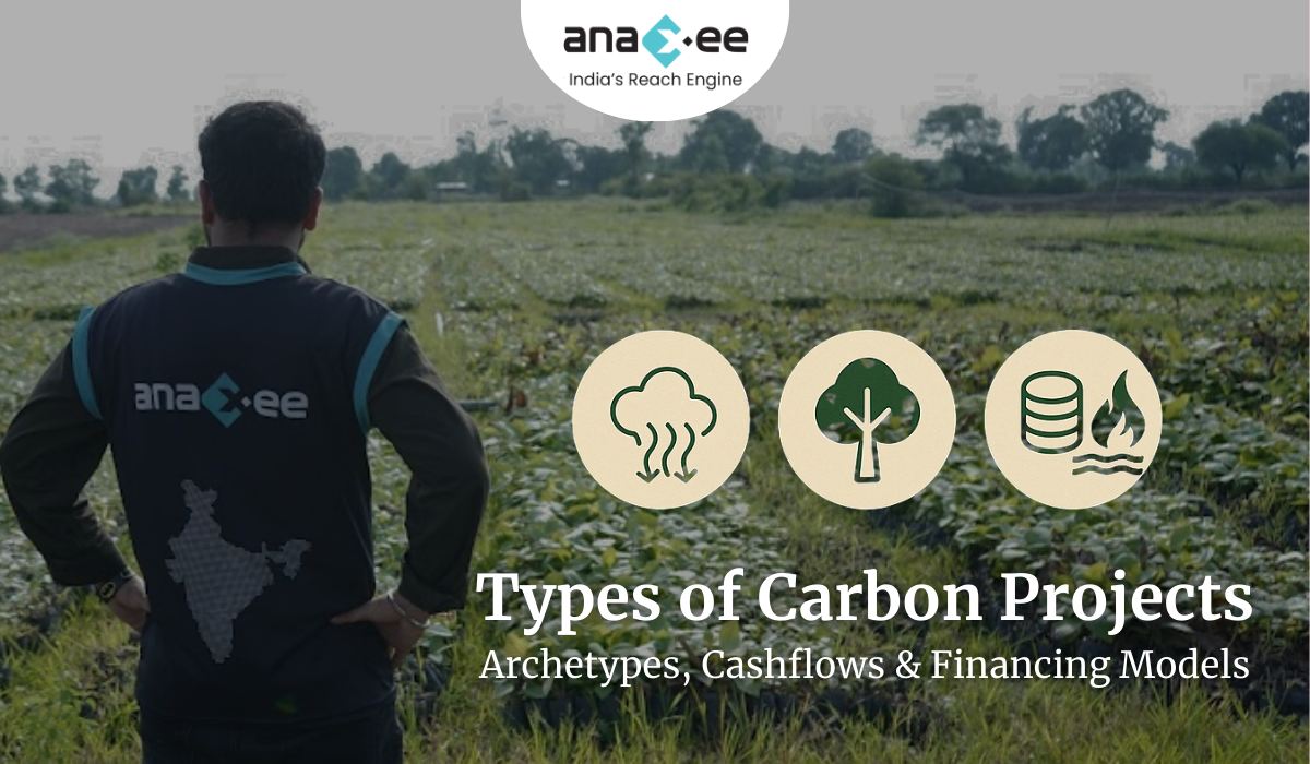 Featured image showing an Anaxee team member in a plantation field with icons representing different carbon project types — emissions avoidance, carbon removal, and product-linked models.