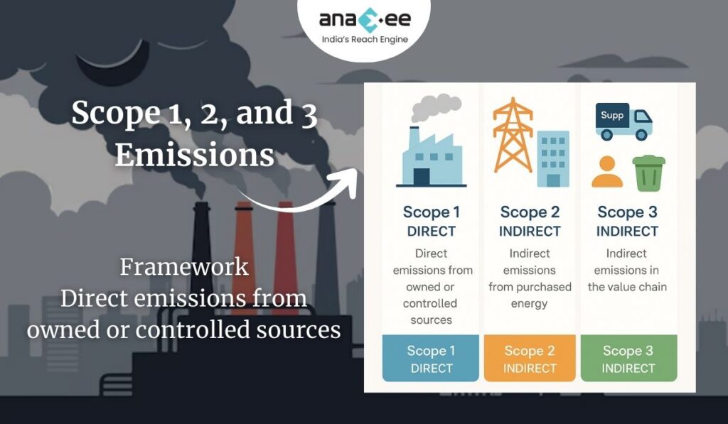 Infographic showing Scope 1, Scope 2, and Scope 3 emissions categories with icons of factory, electricity grid, supplier truck, and waste bin.