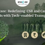 Infographic titled “Anaxee: Redefining CSR and Carbon Projects with Tech-enabled Transparency” showing icons for corporates, funds, sustainability, and transparency.