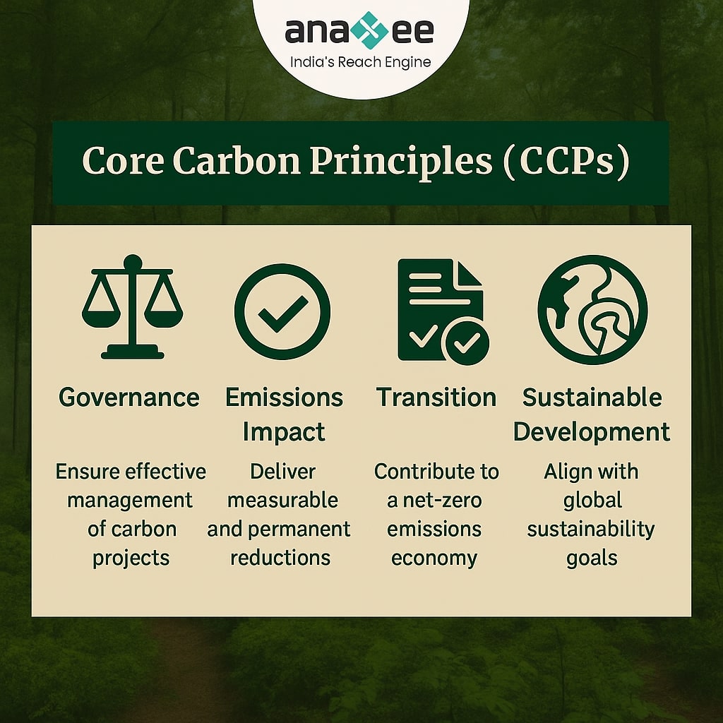 Infographic summarizing ICVCM’s Core Carbon Principles, including additionality, permanence, transparent quantification, no double counting, and strong governance.