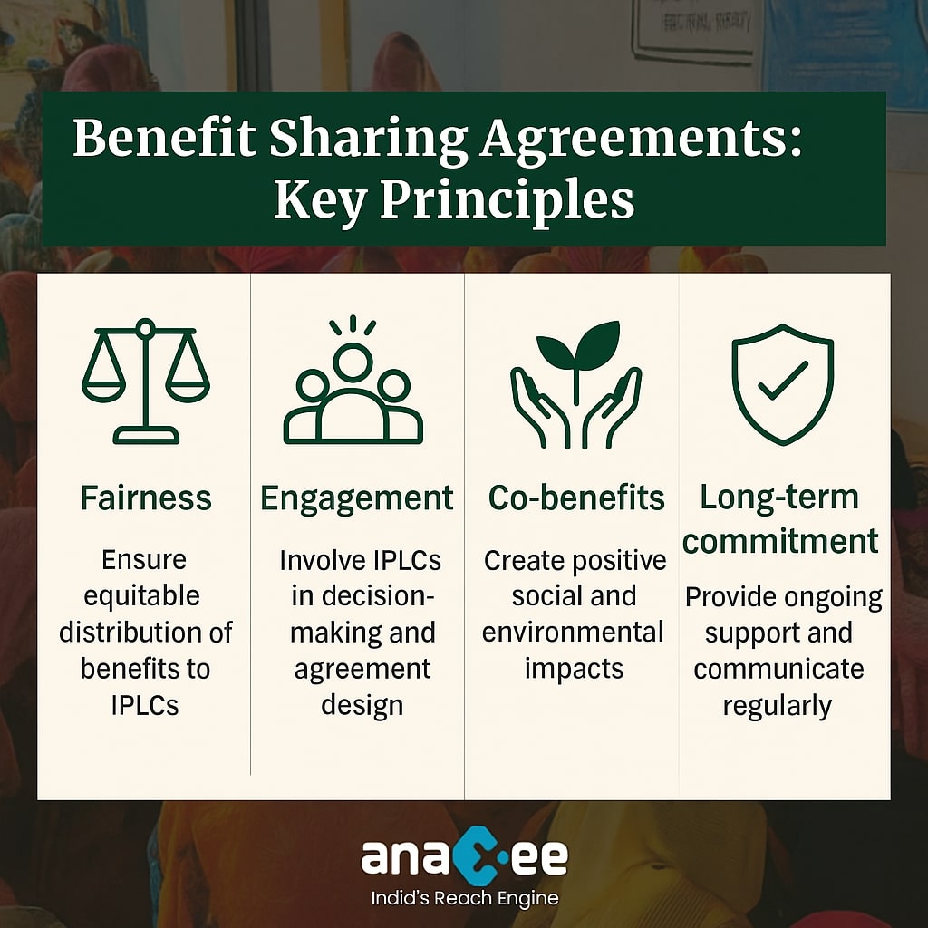 Infographic highlighting four key principles of benefit sharing agreements in carbon projects: fairness, engagement of Indigenous Peoples and Local Communities (IPLCs), co-benefits for social and environmental impact, and long-term commitment.