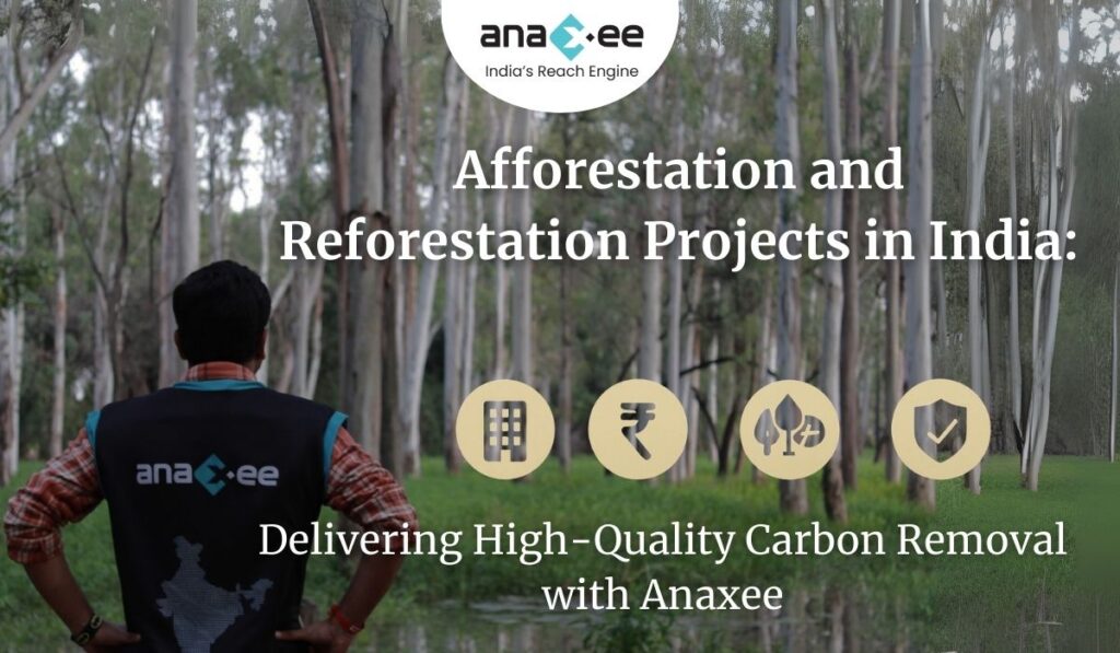Featured image with text “Afforestation and Reforestation Projects in India: Delivering High-Quality Carbon Removal with Anaxee,” over a forest background with icons for finance, community, biodiversity, and trust.