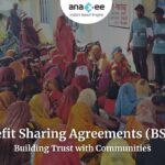Community gathering in a rural setting with Anaxee facilitators engaging local people, symbolizing benefit sharing agreements that build trust and ensure fair distribution of carbon finance benefits.