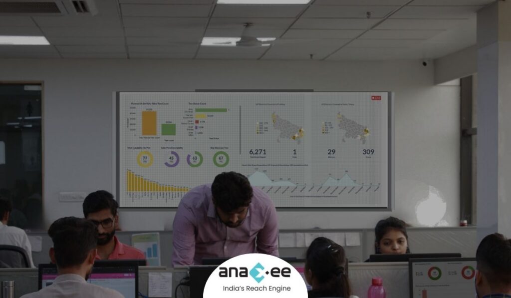 Anaxee team working in an office with a large live data dashboard displaying charts, maps, and analytics, showcasing applied AI and real-world data monitoring.