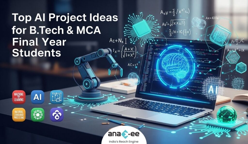 Featured image showing laptop with AI brain graphics, robotic arm, and machine learning icons, with text “Top AI Project Ideas for BTech & MCA Final Year Students,” representing Anaxee’s Applied AI Residency opportunities.