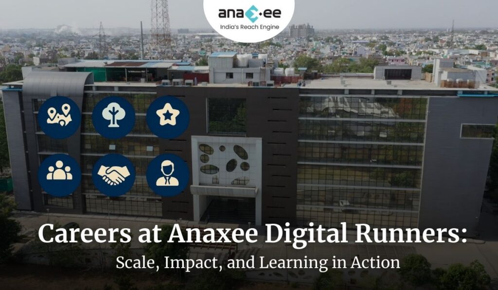 A featured image showing Anaxee’s office building with circular icons representing scale, climate projects, national recognition, mentorship, and field impact, highlighting career opportunities at Anaxee Digital Runners in India.