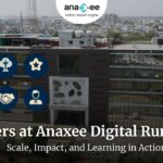 A featured image showing Anaxee’s office building with circular icons representing scale, climate projects, national recognition, mentorship, and field impact, highlighting career opportunities at Anaxee Digital Runners in India.