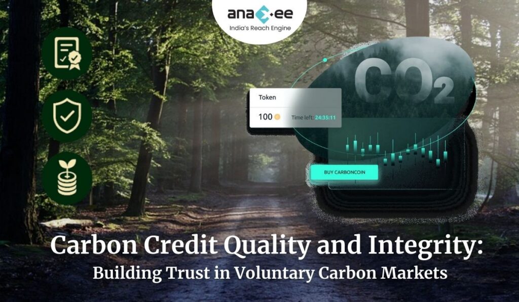Featured image showing a digital carbon credit token overlayed on a forest background, with icons for certification, trust, and sustainability, representing carbon credit quality and integrity in voluntary markets.