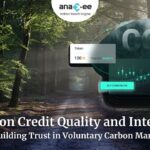Featured image showing a digital carbon credit token overlayed on a forest background, with icons for certification, trust, and sustainability, representing carbon credit quality and integrity in voluntary markets.