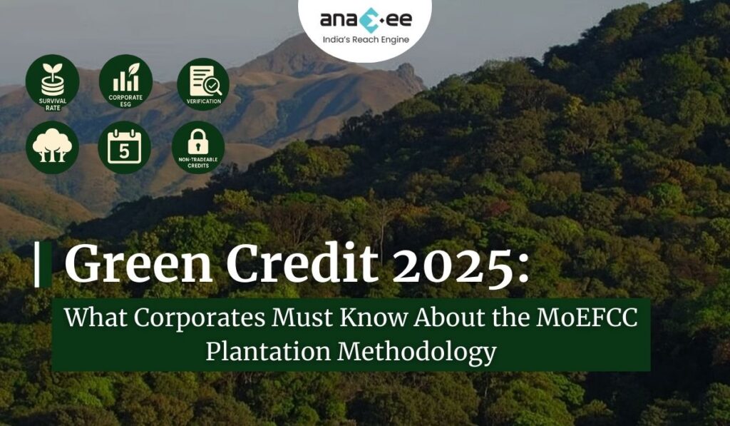 Banner showing Green Credit 2025 corporate guide with sustainability icons for survival rate, canopy density, ESG, verification, and non-tradeable credits, set against a forested mountain landscape.