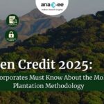 Banner showing Green Credit 2025 corporate guide with sustainability icons for survival rate, canopy density, ESG, verification, and non-tradeable credits, set against a forested mountain landscape.