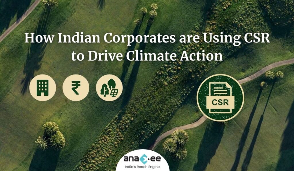 Featured graphic with CSR icons showing companies, funds, and climate projects over a green landscape background, titled “How Indian Corporates are Using CSR to Drive Climate Action,” with Anaxee branding.