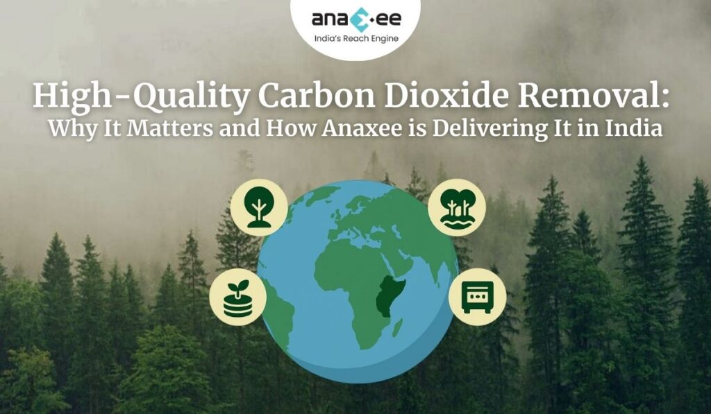 Illustration of Earth with India highlighted, surrounded by icons of trees, soil carbon, mangroves, and carbon capture technology, with the text “High-Quality Carbon Dioxide Removal: Why It Matters and How Anaxee is Delivering It in India” on a forest background.