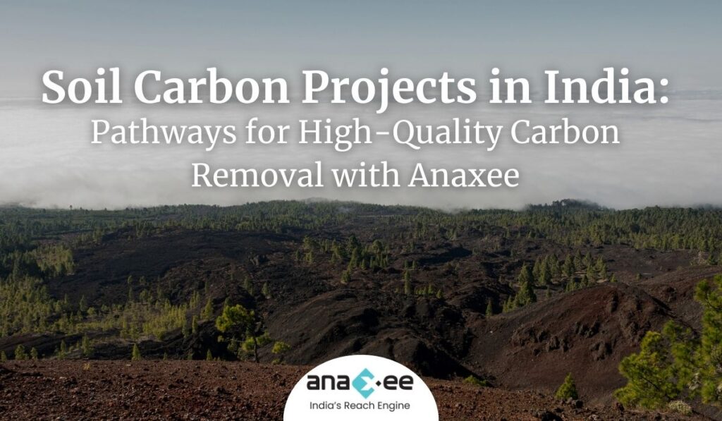 Scenic view of forest and soil landscape with text overlay “Soil Carbon Projects in India: Pathways for High-Quality Carbon Removal with Anaxee,” highlighting sustainable soil carbon initiatives.