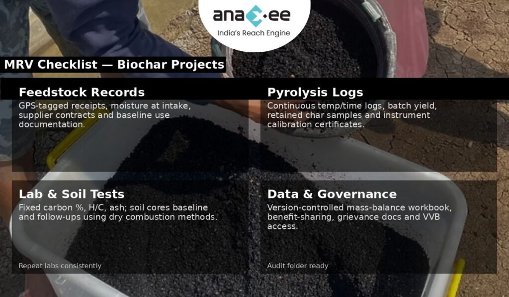 Infographic: "MRV Checklist — Biochar Projects" overlaying a close-up of biochar; panels list Feedstock Records, Pyrolysis Logs, Lab & Soil Tests, and Data & Governance.