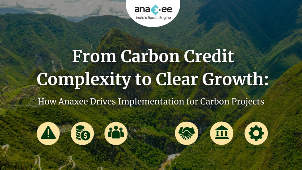 Aerial view of lush green mountains representing sustainability and carbon offset projects, with overlay text “From Carbon Credit Complexity to Clear Growth: How Anaxee Drives Implementation for Carbon Projects” and icons symbolizing risk management, finance, partnerships, institutions, and technology.