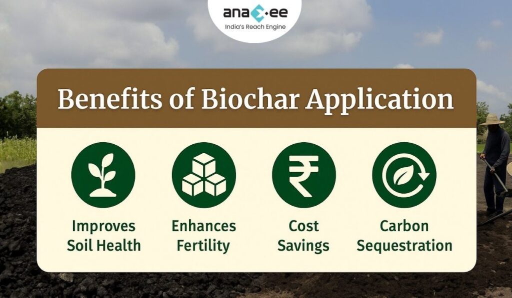 Infographic titled “Benefits of Biochar Application” featuring icons and text highlighting improved soil health, enhanced fertility, cost savings, and carbon sequestration, with Anaxee logo.