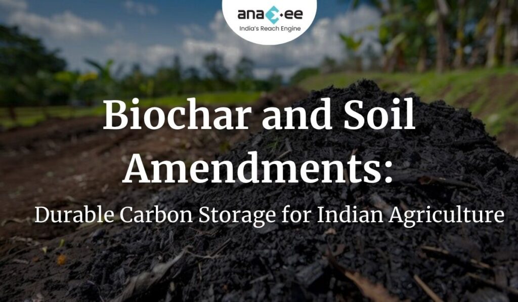 Featured image with text “Biochar and Soil Amendments: Durable Carbon Storage for Indian Agriculture,” showing a pile of biochar in an agricultural field with Anaxee branding.