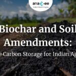 Featured image with text “Biochar and Soil Amendments: Durable Carbon Storage for Indian Agriculture,” showing a pile of biochar in an agricultural field with Anaxee branding.