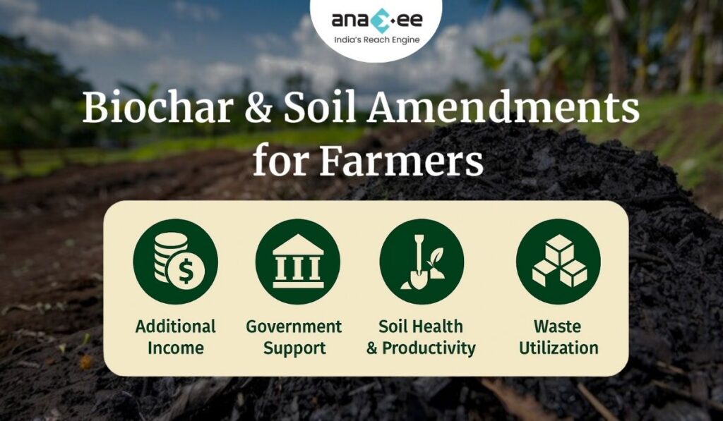Infographic titled “Biochar & Soil Amendments for Farmers” displaying icons representing additional income, government support, soil health & productivity, and waste utilization, over an agricultural background.