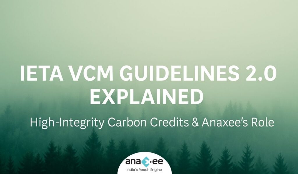 Forest landscape with mist and overlay text ‘IETA VCM Guidelines 2.0 Explained: High-Integrity Carbon Credits & Anaxee’s Role’ representing integrity in carbon markets.