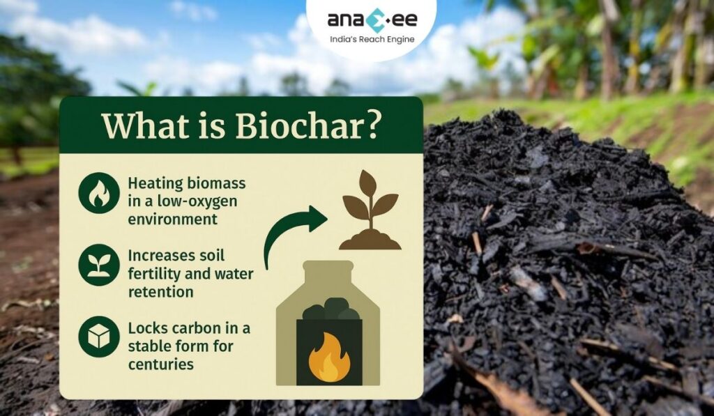 Infographic titled “What is Biochar?” showing icons for heating biomass in a low-oxygen environment, improving soil fertility and water retention, and locking carbon in a stable form for centuries, with Anaxee branding.