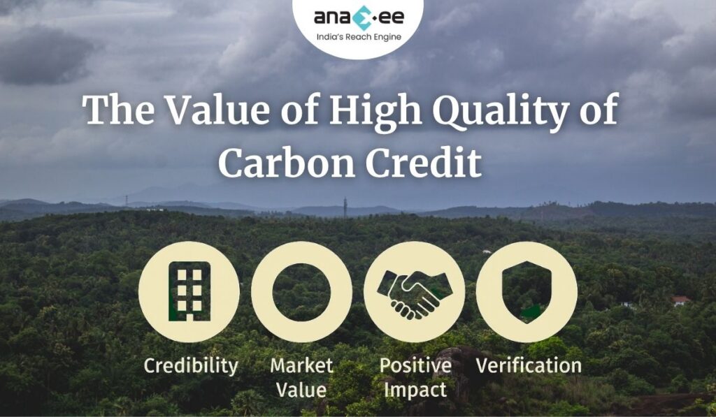 Infographic titled “The Value of High Quality of Carbon Credit” showing icons for credibility, market value, positive impact, and verification, over a natural landscape background.