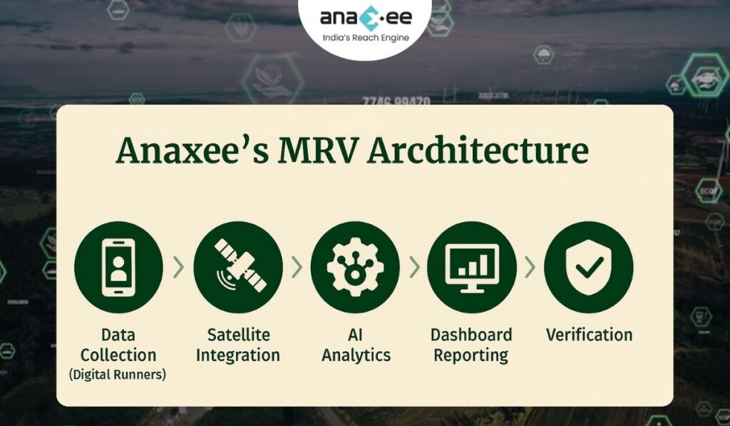 Infographic displaying Anaxee’s MRV Architecture — Data Collection, Satellite Integration, AI Analytics, Dashboard Reporting, and Verification — with connected icons and Anaxee branding.