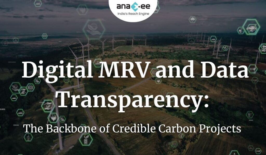 Digital MRV and Data Transparency: Aerial view of renewable energy landscape with digital data overlay representing Anaxee’s technology for credible carbon project monitoring.”
