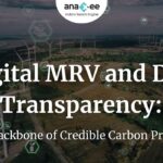 Digital MRV and Data Transparency: Aerial view of renewable energy landscape with digital data overlay representing Anaxee’s technology for credible carbon project monitoring.”