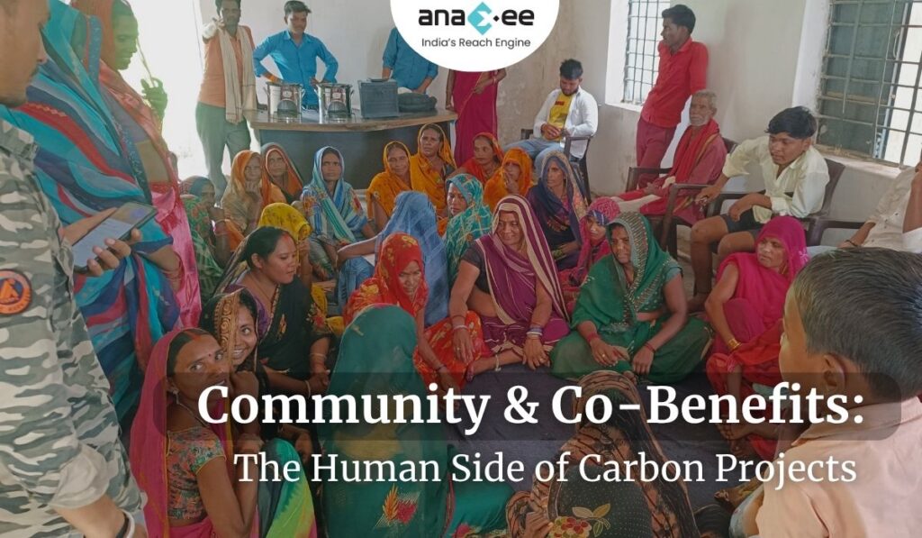 Anaxee’s field team engaging with women in a rural village, showcasing the human side of carbon projects through community participation.