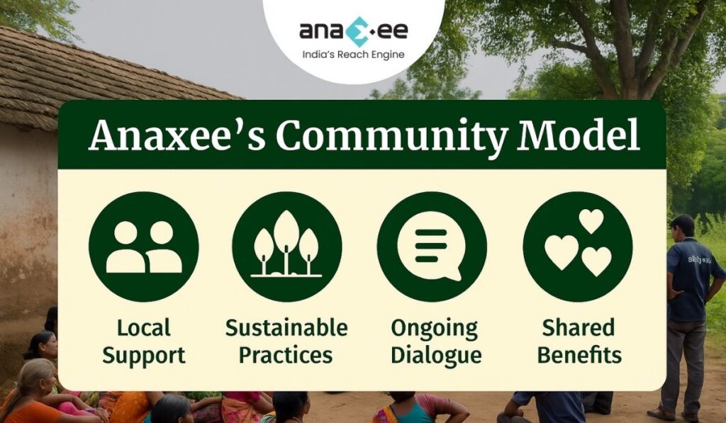 Anaxee’s community engagement model showing local women participating in sustainable carbon project discussions under village settings.