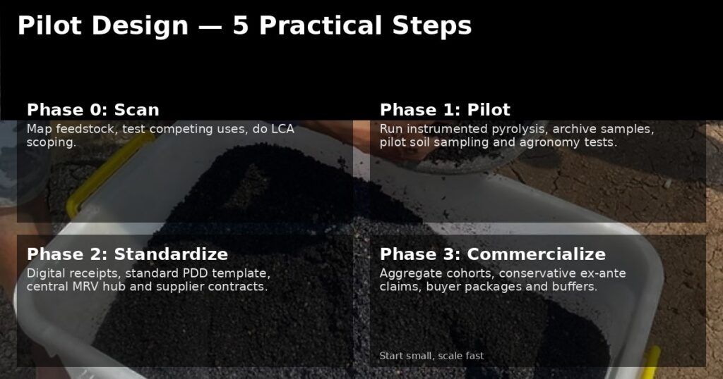 Infographic: "Pilot Design — 5 Practical Steps" over a photo of biochar in a white tub; four panels read Phase 0: Scan; Phase 1: Pilot; Phase 2: Standardize; Phase 3: Commercialize.
