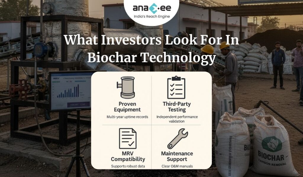 Infographic showing key investor requirements for biochar technology, including proven equipment with uptime records, independent third-party testing, MRV compatibility for accurate data, and strong maintenance support, displayed over a biochar facility background.