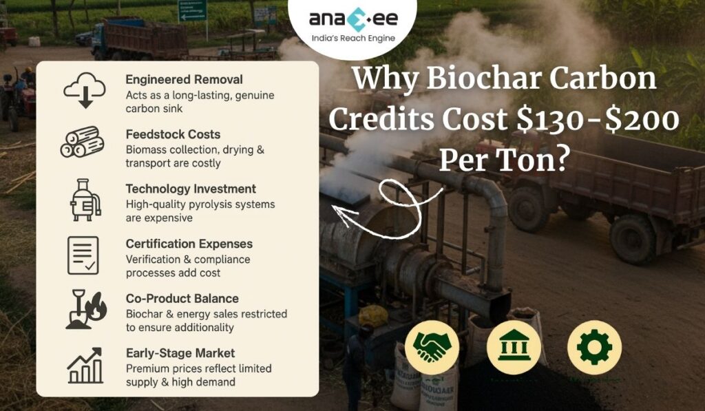 An infographic showing key factors that determine biochar carbon credit pricing, including engineered carbon removal, feedstock logistics, technology investment, certification costs, co-product balance requirements, and early-stage market dynamics, set over a biochar production background.