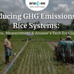 Header image showing farmers working in a rice field with a project signboard, overlaid with the blog title “Reducing GHG Emissions in Rice Systems: Mechanisms, Measurement & Anaxee’s Tech for Climate Impact” and Anaxee branding.