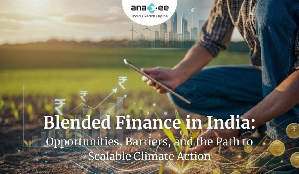 A farmer using a tablet in a crop field with digital graphics of rupee symbols, growth charts, and clean-energy icons, representing India’s blended finance ecosystem and climate investment landscape.