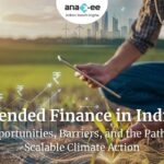 A farmer using a tablet in a crop field with digital graphics of rupee symbols, growth charts, and clean-energy icons, representing India’s blended finance ecosystem and climate investment landscape.