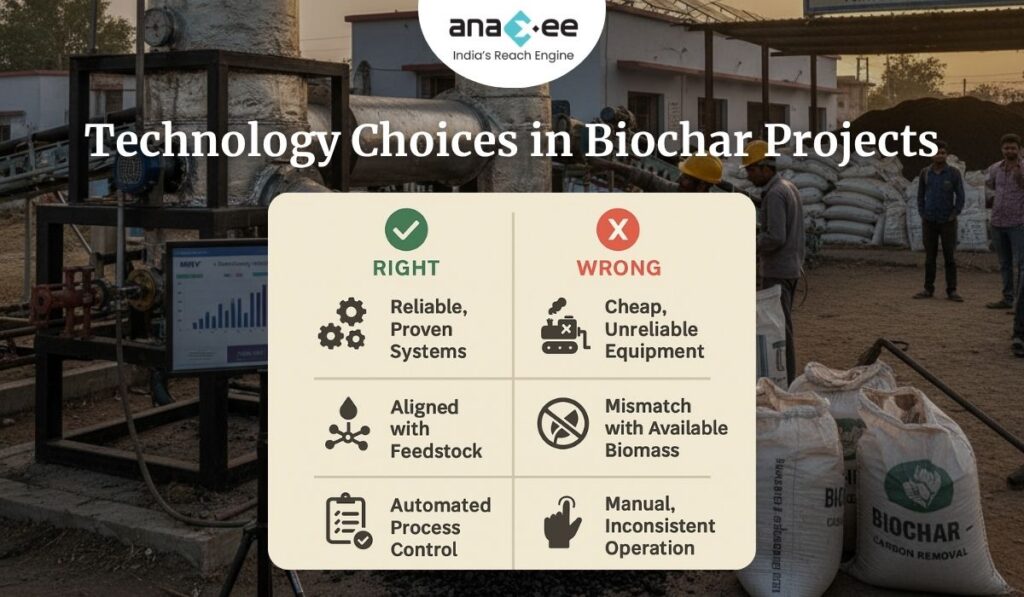 A side-by-side infographic comparing correct and incorrect technology decisions in biochar projects, highlighting reliable proven systems, feedstock-aligned equipment, and automated process control versus cheap unreliable machines, feedstock mismatch, and inconsistent manual operation.