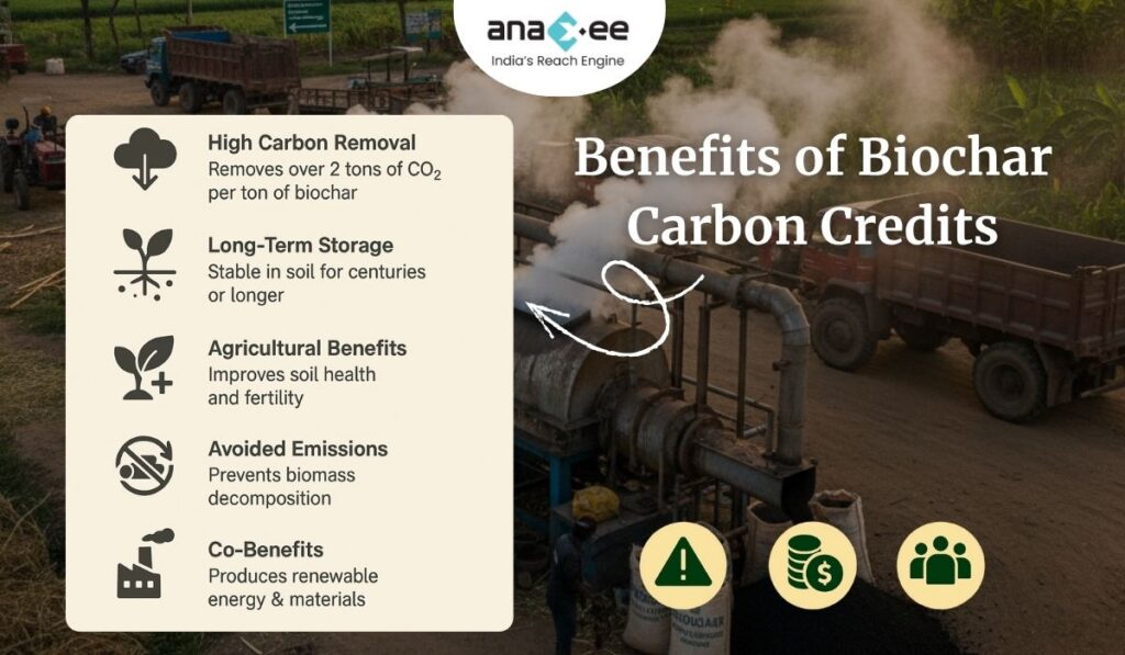An infographic illustrating the primary benefits of biochar carbon credits—high carbon removal, long-term carbon storage, agricultural improvement, avoided emissions, and renewable energy co-benefits—displayed alongside a biochar processing plant backdrop.